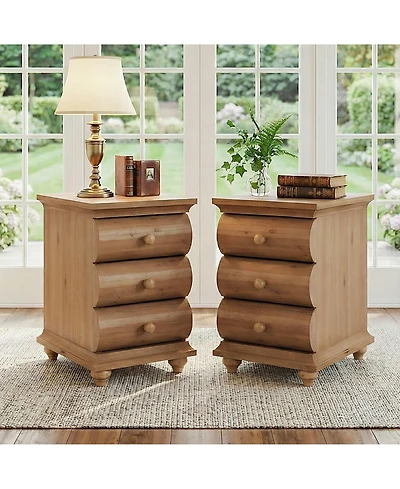 Tribesigns Solid Wood End Table Set of 2, 3 Drawers Narrow Sofa Side Table with Finished Back, Rustic Slim Nightstand Bedside Table