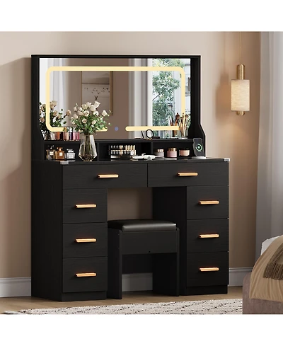 Homfan Makeup Vanity Desk Set with Large Lighted Mirror, 8 Drawers, 3 Storage Shelves, Glass Top, Stool, Built-in Power Outlet