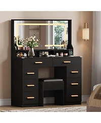 Homfan Makeup Vanity Desk Set with Large Lighted Mirror, 8 Drawers, 3 Storage Shelves, Glass Top, Stool, Built-in Power Outlet