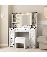 Homfan Farmhouse Vanity Desk with Led Mirror and Charging Station - 6 Drawers, 2 Cabinets, Soft Cushioned Stool, Adjustable 3-Color Lighting