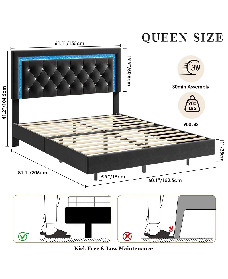 Homfan Floating Upholstered Bed Frame with Led Diamond Headboard and Wood Slats, Available Full, Queen, King