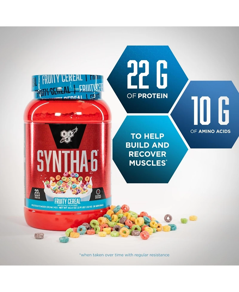 Bsn Syntha-6 Premium Protein Powder with 6g of Fiber, Whey Protein, Micellar Casein, Milk Protein Isolate Blend, 5g Fat, Fruity Cereal, 28 Servings