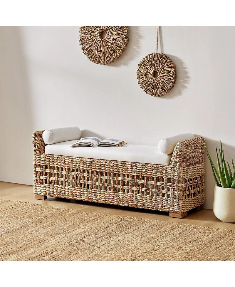 Hulala Home Anesty Flip Compartment Storage Rattan Upholstered Bench with Two Pillows and Solid Wood Feet