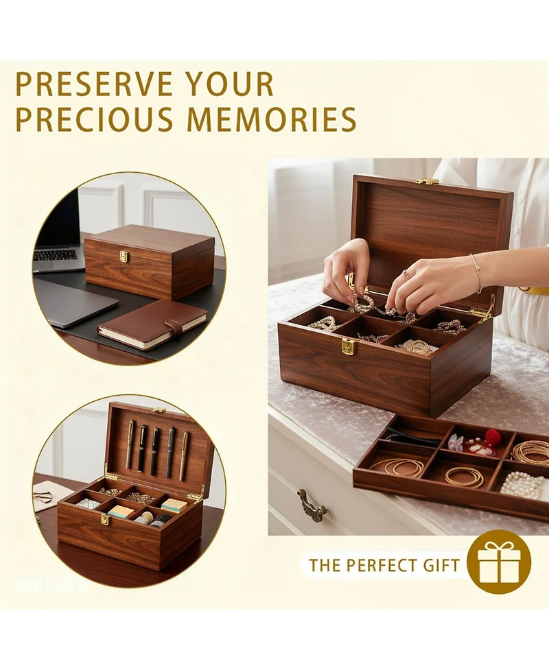 Yigii Large Wooden Storage Box with Adjustable Tray Removable Divider Keepsake Organizer for Trinkets Photos Gifts