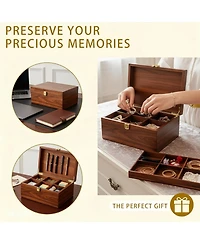 Yigii Large Wooden Storage Box with Adjustable Tray Removable Divider Keepsake Organizer for Trinkets Photos Gifts