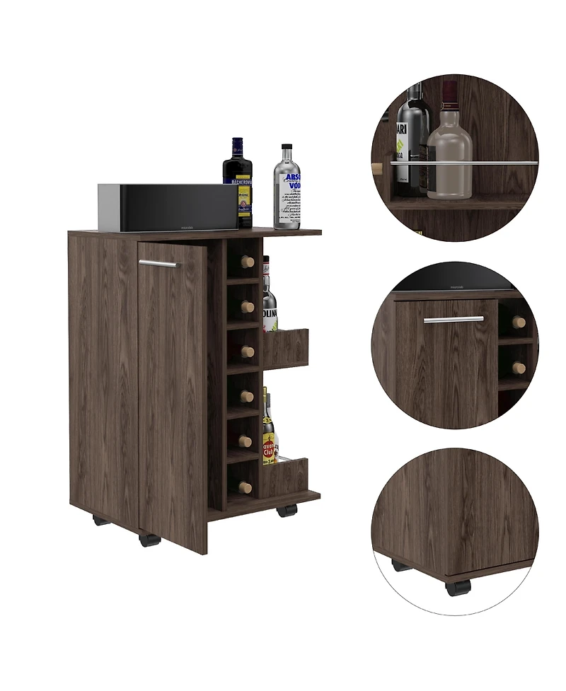 Flynama Dark Walnut 2-Shelf 6-Bottle Bar Cart with Division
