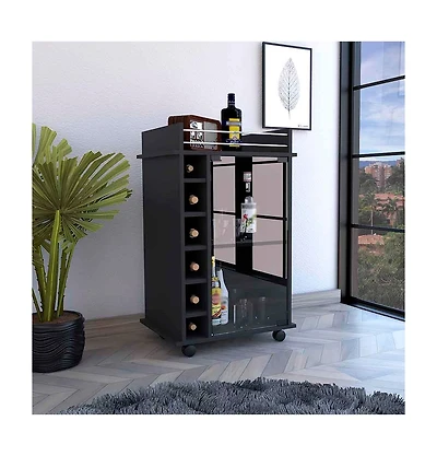 Flynama Wengue 2-Tier Glass Door Bar Cart with 6 Cubbies and Lockable Wheels