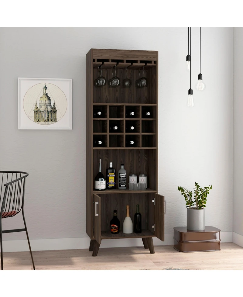 Flynama Dark Walnut Bar Cabinet with 12 Built-in ack, Double Door and 9-Glass Stemware Rack