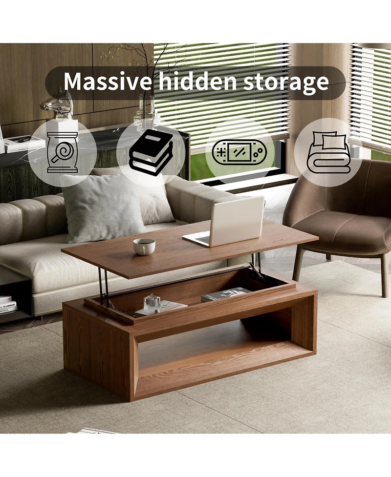 Rainsken 43.3'' Adjustable Lift Top Coffee Table, Rectangular Living Room Center Table with Hidden Storage and Solid Wood Veneer Finish for Office