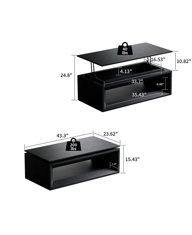 Rainsken Modern Lift-Top Coffee Table 43.3 Inches, Multi-Functional Rectangle Table with Height Adjustment and Storage Compartment for Living Room