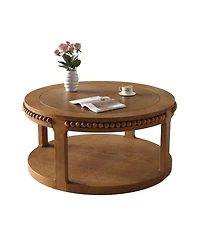 Rainsken Round Coffee Table, 2-Tier Solid Wood Center Table with Ball-Joint Beaded Edge and Sturdy Legs for Living Room, Office