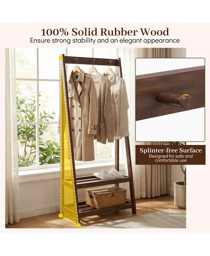 Gouun Freestanding Solid Rubber Wood Coat Rack with 3 Hooks and 2 Shelves