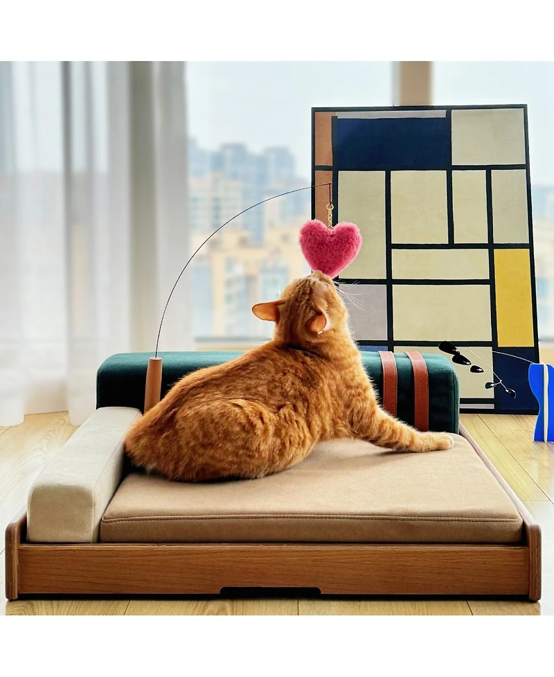 6thdruple Modern Oak Wood Pet Sofa, Chenille Pet Lounge with Removable Cushion, Built-in Toy for Cats
