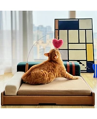 6thdruple Modern Oak Wood Pet Sofa, Chenille Pet Lounge with Removable Cushion, Built-in Toy for Cats