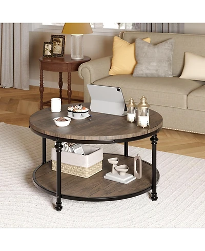 Homfan 34.25 in Industrial Farmhouse Round Coffee Table with 2 Tier Wood Design, Open Storage Shelf, Metal Frame, Easy Assembly