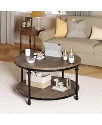 Homfan 34.25 in Industrial Farmhouse Round Coffee Table with 2 Tier Wood Design, Open Storage Shelf, Metal Frame, Easy Assembly