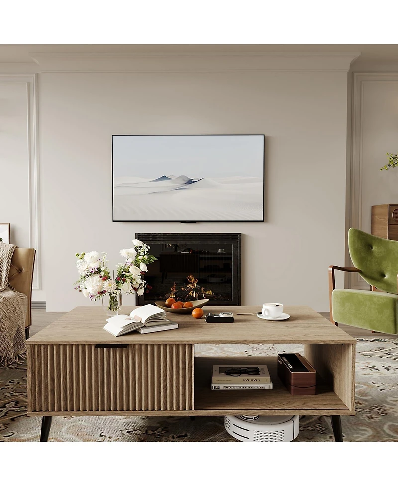 Homfan Coffee Tables for Living Room, Farmhouse Center Table with Hidden Storage and Fluted Sliding Door, Dining Table for Home Apartment Office