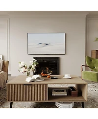 Homfan Coffee Tables for Living Room, Farmhouse Center Table with Hidden Storage and Fluted Sliding Door, Dining Table for Home Apartment Office