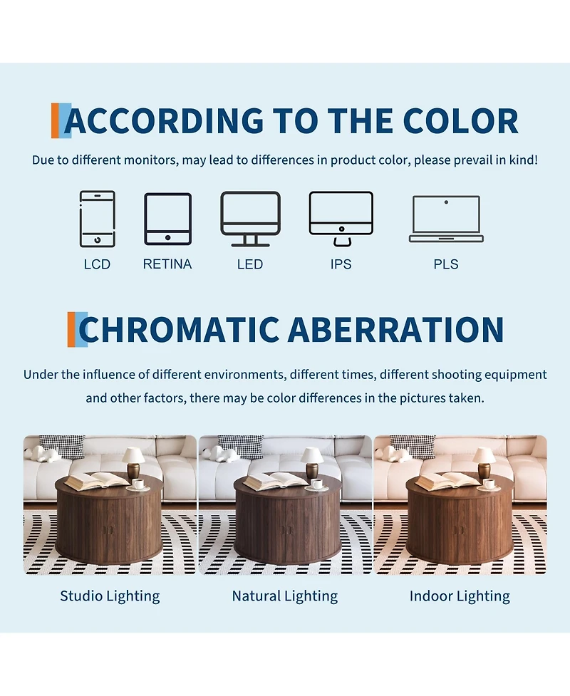 Homfan 28" Round Coffee Table with Storage, Mid Century Modern Fluted Accent Sliding Tambour Door for Living Room