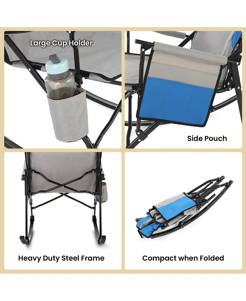 Arrowhead Outdoor 2-Pack Foldable Rocking Camp Chair, Xl Cup Holder, Side Pocket, Space-Saving Folding, Swinging Rocker, Camping, Fishing, Patio, Blue