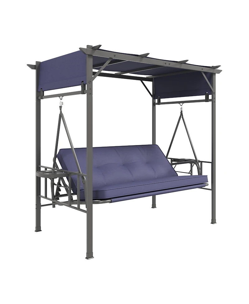 Aecojoy 3 Seat Porch Swing Bed, Outdoor Patio Metal Pergola Swing Bench with Hanging Cloud Hammock Chair