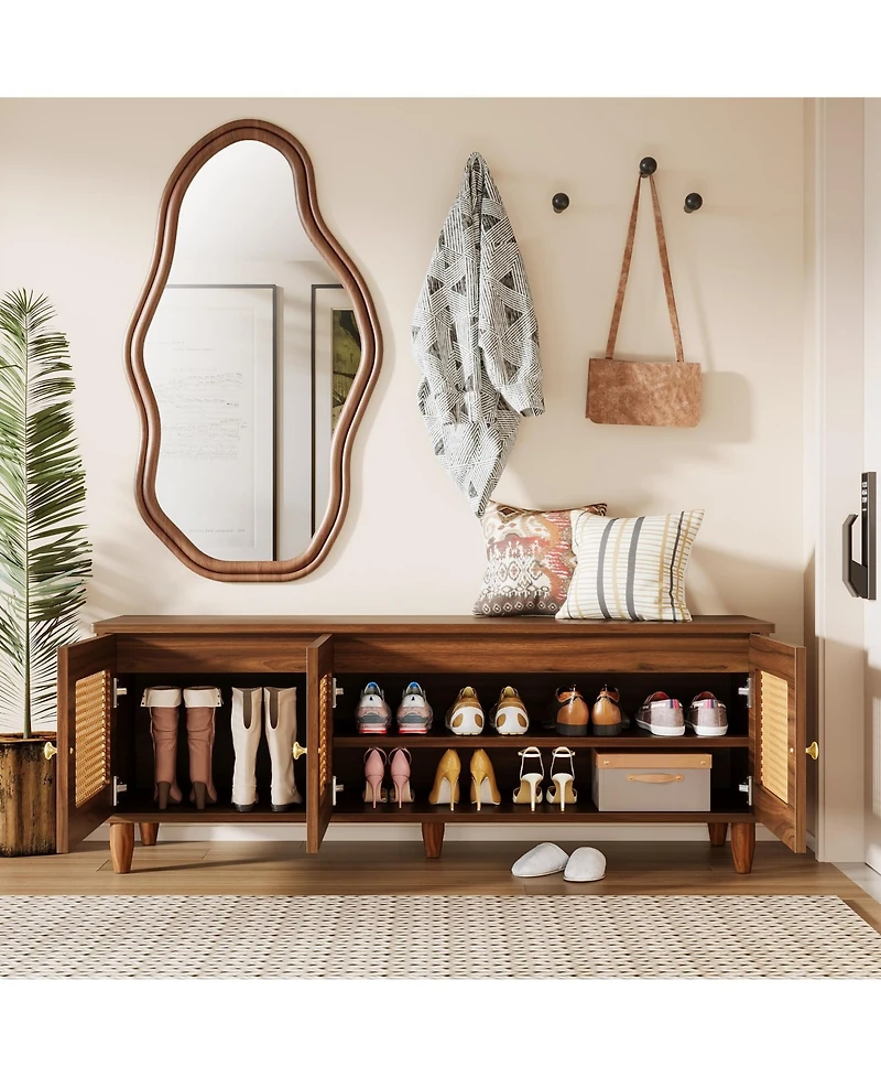 Yigii Shoe Bench Lift Top Storage 2-Tier Rattan Doors 55" Large Cabinet Seat Hallway Living Room
