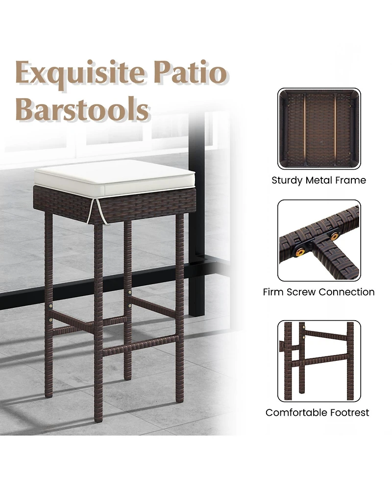 Gymax Patio Rattan Barstools Set of 2 Outdoor Wicker Bar Height Chairs with Footrest and Soft Cushions