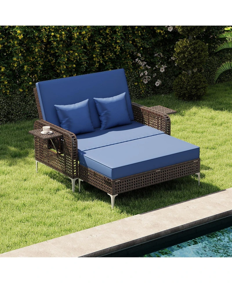 Sugift 2 Piece Patio Rattan Daybed Wicker Loveseat and Ottoman with Adjustable Backrest