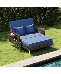 Sugift 2 Piece Patio Rattan Daybed Wicker Loveseat and Ottoman with Adjustable Backrest