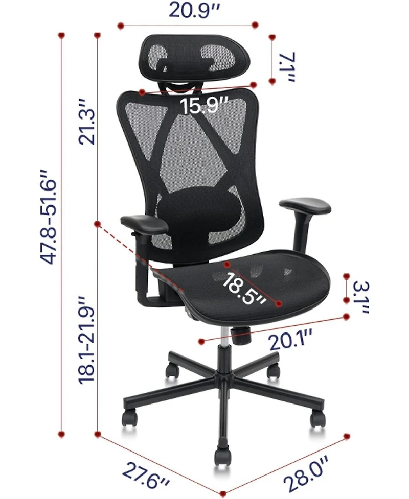 Flynama Mesh Office Chair with Mute Wheel,Adjustable Lumbar Headrest Chair