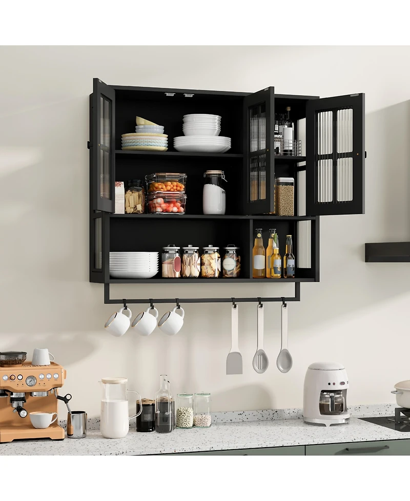 flynama Wooden Bathroom Wall Cabinet with Glass Door and Towel Bar, Modern Minimalist Wall Mounted Storage Cabinet for Bathroom and Living Room