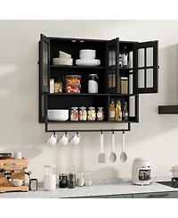 flynama Wooden Bathroom Wall Cabinet with Glass Door and Towel Bar, Modern Minimalist Wall Mounted Storage Cabinet for Bathroom and Living Room