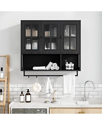 flynama Wooden Bathroom Wall Cabinet with Glass Door and Towel Bar, Modern Minimalist Wall Mounted Storage Cabinet for Bathroom and Living Room