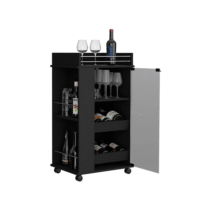 Flynama Beaver Wengue Bar Cart with Glass Door, 2 Side Shelves and Casters