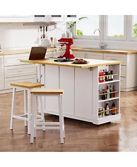 Flynama 53" White Kitchen Island with 2 Bar Stools and Power Outlet, Rolling Storage Cart on 5 Wheels