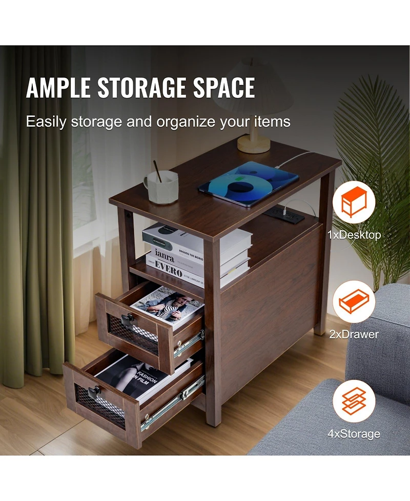 Gouun Farmhouse End Table with Charging Station, 4-Tier Storage, 23.98 x 14.02 x 24.02 in