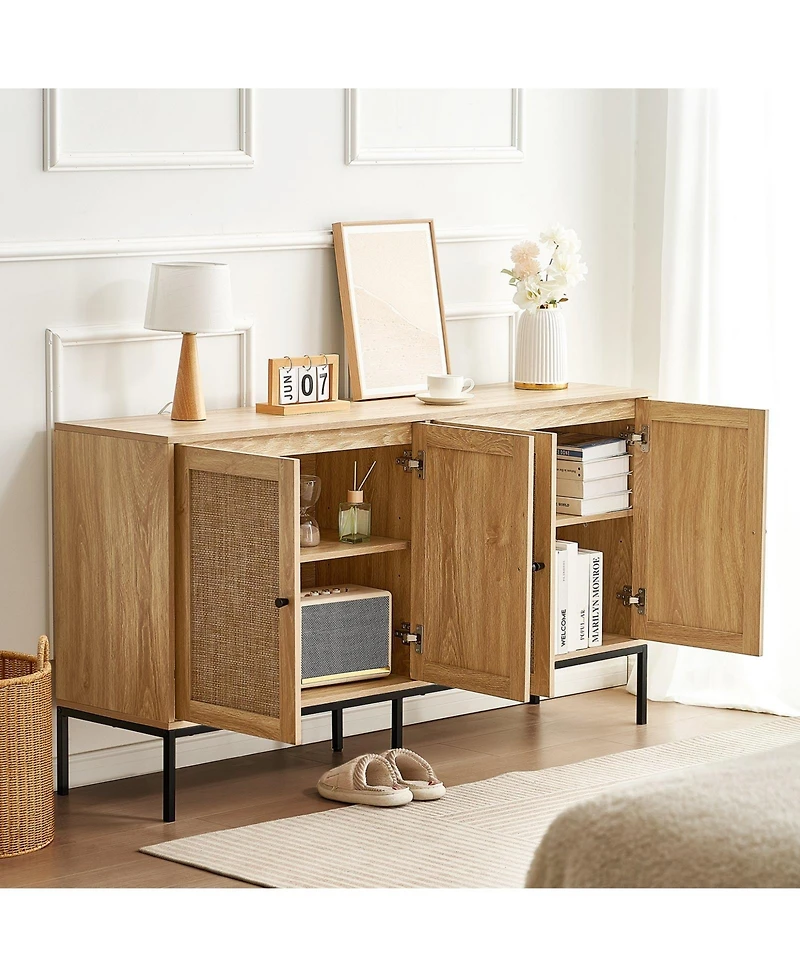 Gouun Rattan Cabinet, Rattan Storage Cabinet with 4 Magnetic Doors and Adjustable Shelves, Sideboard Buffet Cabinet for Hallway, Entryway, Living Room