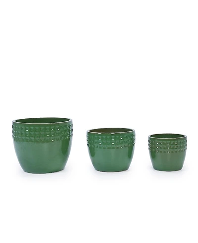 Clihome Handmade Ceramic Planter Set of 3, Diamond Pattern,for Indoor & Outdoor Use, Breathable Clay