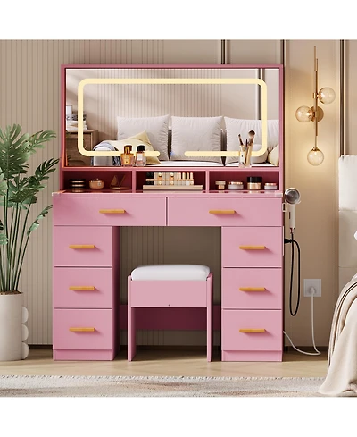 Homfan Makeup Vanity Desk Set with Large Lighted Mirror, 8 Drawers, 3 Storage Shelves, Glass Top, Stool, Built-in Power Outlet
