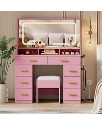 Homfan Makeup Vanity Desk Set with Large Lighted Mirror, 8 Drawers, 3 Storage Shelves, Glass Top, Stool, Built-in Power Outlet