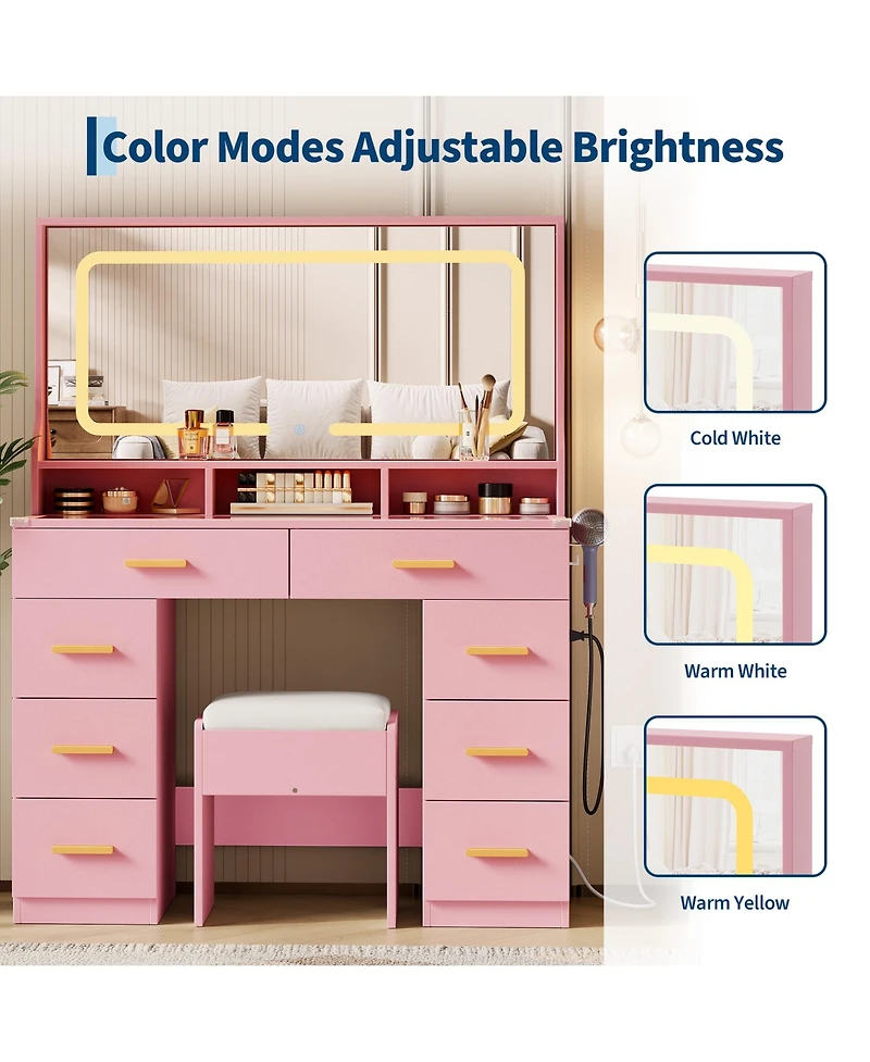 Homfan Makeup Vanity Desk Set with Large Lighted Mirror, 8 Drawers, 3 Storage Shelves, Glass Top, Stool, Built-in Power Outlet