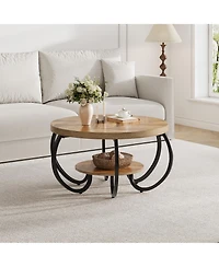 Homfan Modern Industrial 30" Round Coffee Table - 2-Tier Wood and Metal Table with Open Shelf, Adjustable Feet, Living Room Furniture