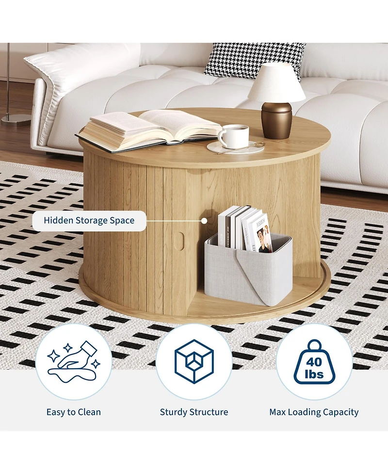 Homfan 28" Round Coffee Table with Storage, Mid Century Modern Fluted Accent Table with Sliding Tambour Door for Living Room