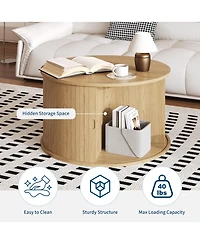 Homfan 28" Round Coffee Table with Storage, Mid Century Modern Fluted Accent Table with Sliding Tambour Door for Living Room