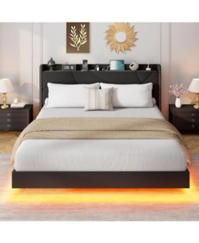 Homfan Floating Bed Frame With Led Lights Charging Station Upholstered Headboard Storage Shelf
