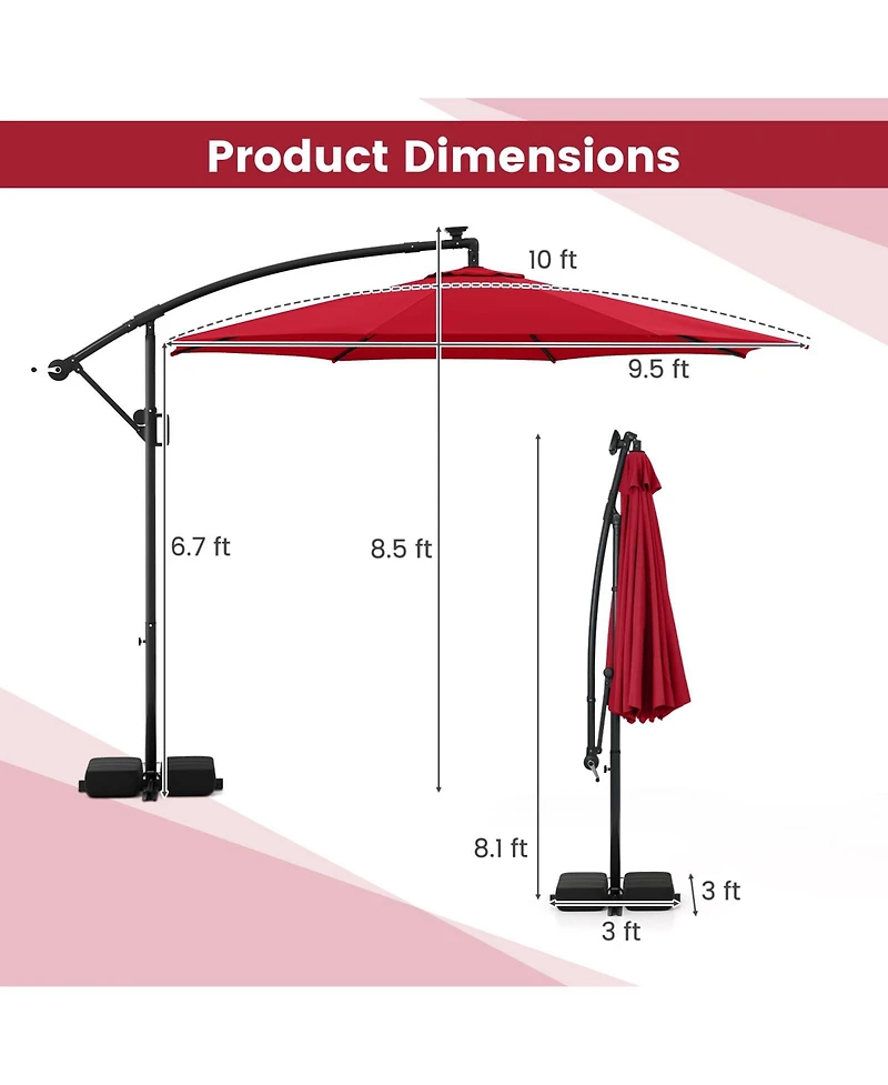 Gouun 10 ft Solar Offset Hanging Patio Umbrella with Base, 96 Led Lights and 360-Degree Rotation