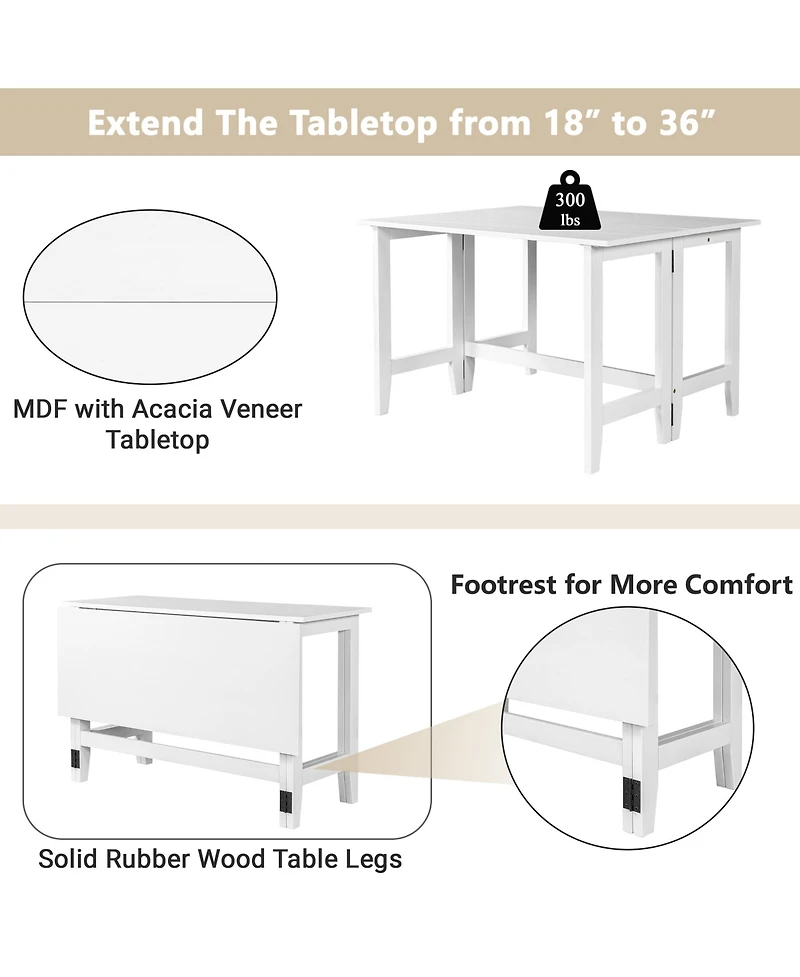 Rainsken Farmhouse Extendable Dining Table with Folding Drop Leaf, Space-Saving Wood Table for Kitchen and Living Room