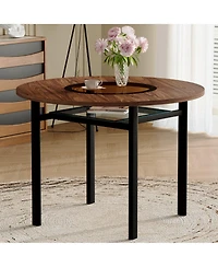 Rainsken 42" Round Dining Table with Wood-Grain Mdf Top and Glass Inlay, Minimalist Table with Storage Shelf for Small Spaces
