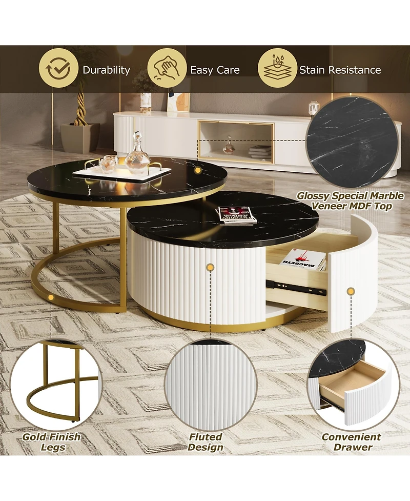 Rainsken Modern Round Nesting Coffee Table Set, Center Table with Drawers, Decorated with Grooves for Living Room and Home Office