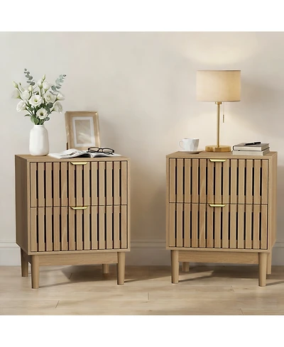 Rainsken Mid-Modern Style Nightstand Set of 2, Bedside Table with Grille Design and 2 Storage Drawers for Bedroom, Living Room
